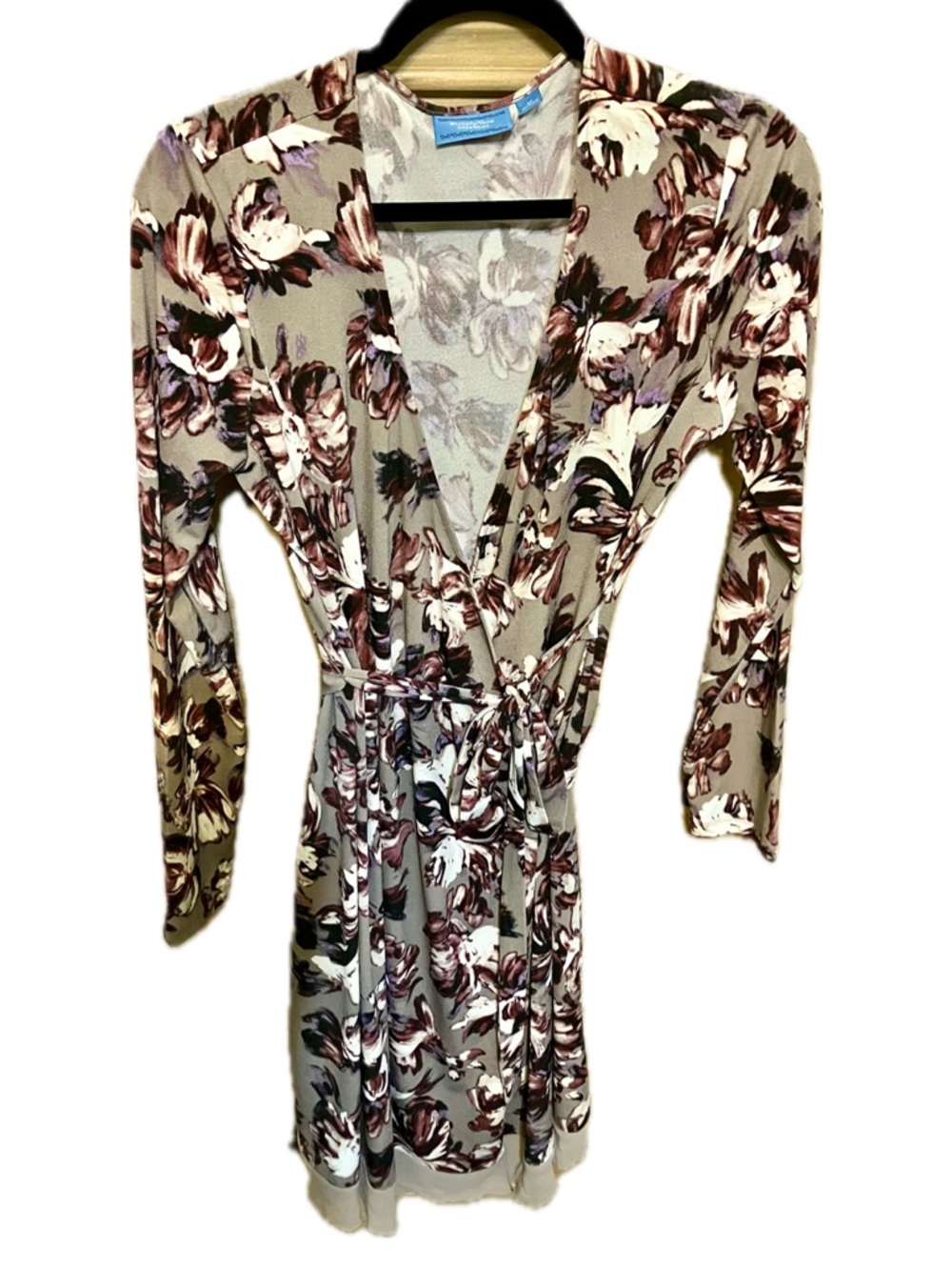 Floral Long-Sleeve Wrap Dress in Taupe and Burgundy
